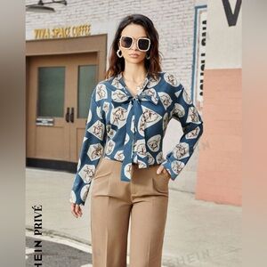 NWT SHEIN Bunny Print Bow Tie Blouse Size Medium